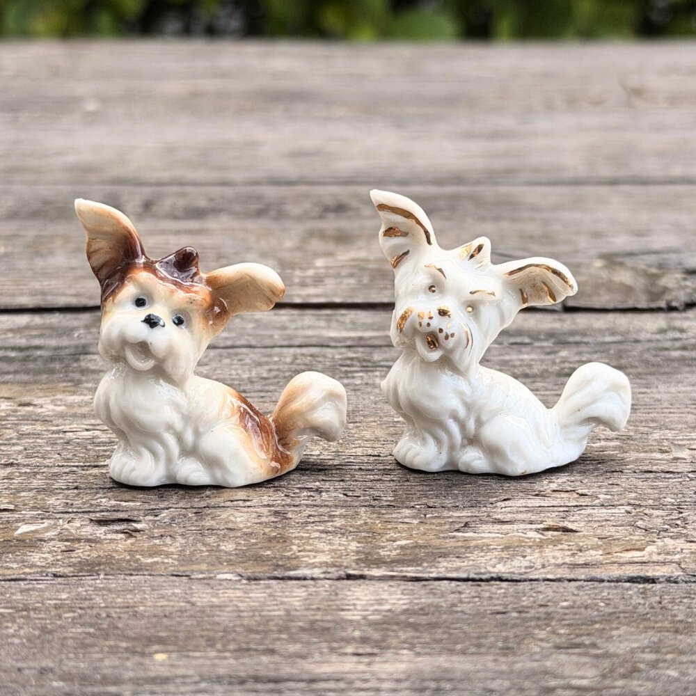 Vintage Miniature Yorkshire Terrier Dog Figurines Set of 2 Germany Porcelain MCM